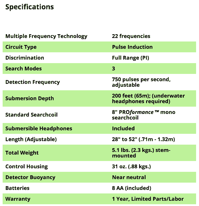 garrett seahunter mark 2 specifications